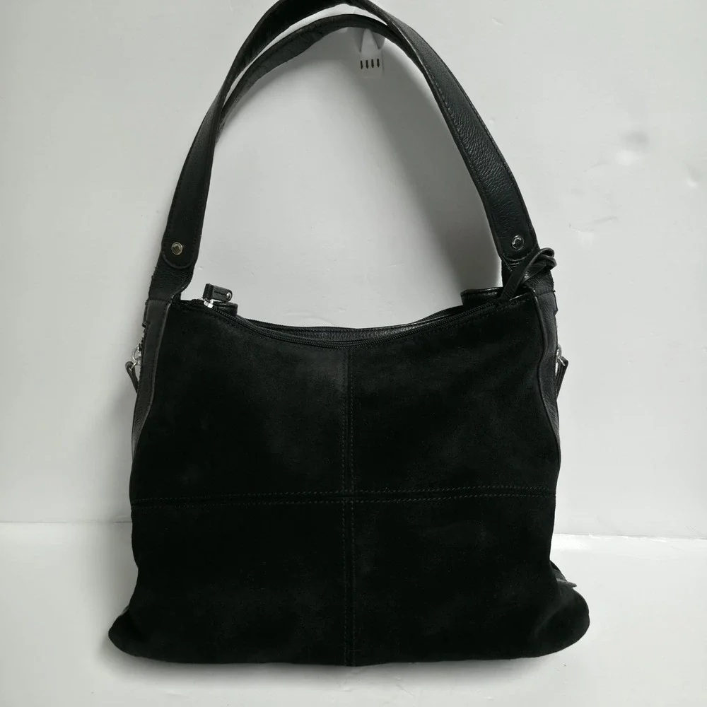 Tignanello Black Suede Leather Shoulder Bag Hobo Purse Panel Stitch Zip Top